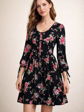 Feathers by Ross NWT Black Pink Rose Floral Button Boho Mini Dress, Size M